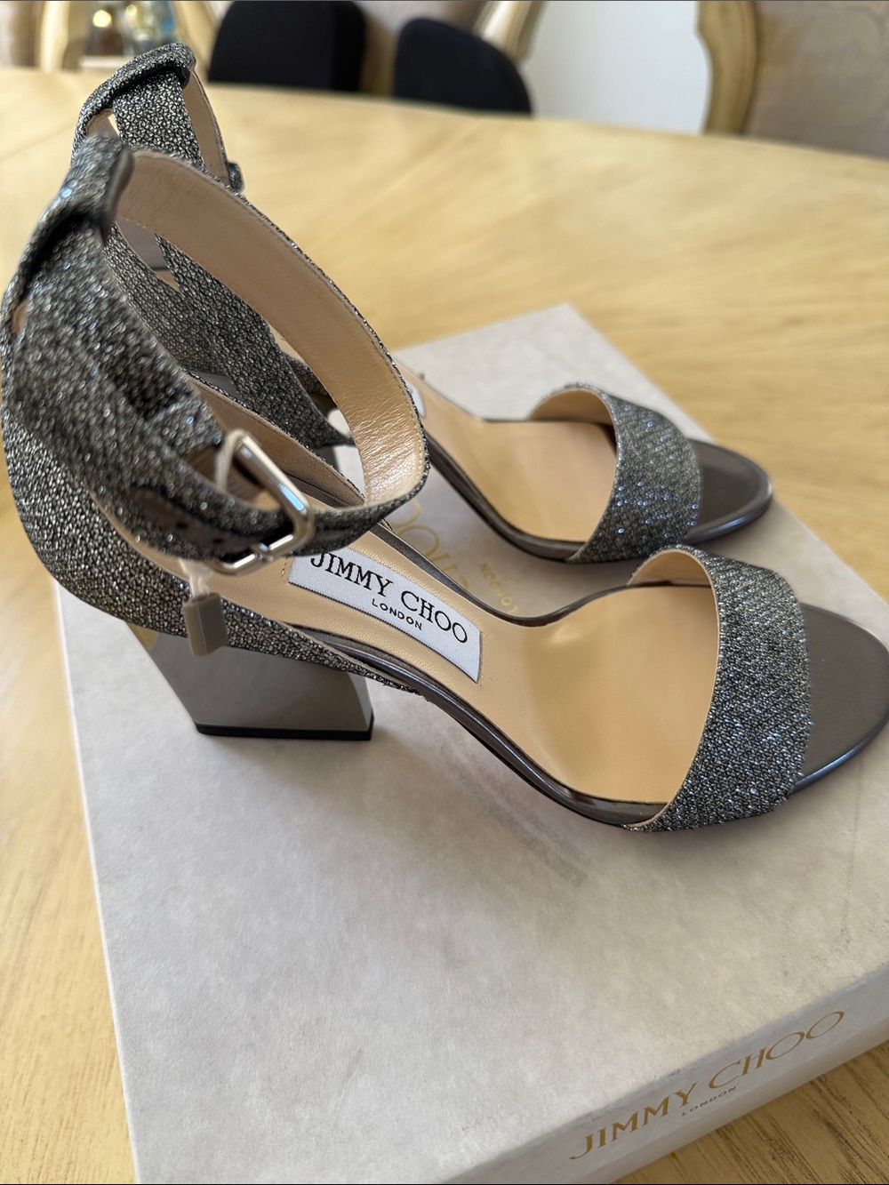 Jimmy Choo Gunmetal Glitter Ankle-Strap Block Heels. Size 37